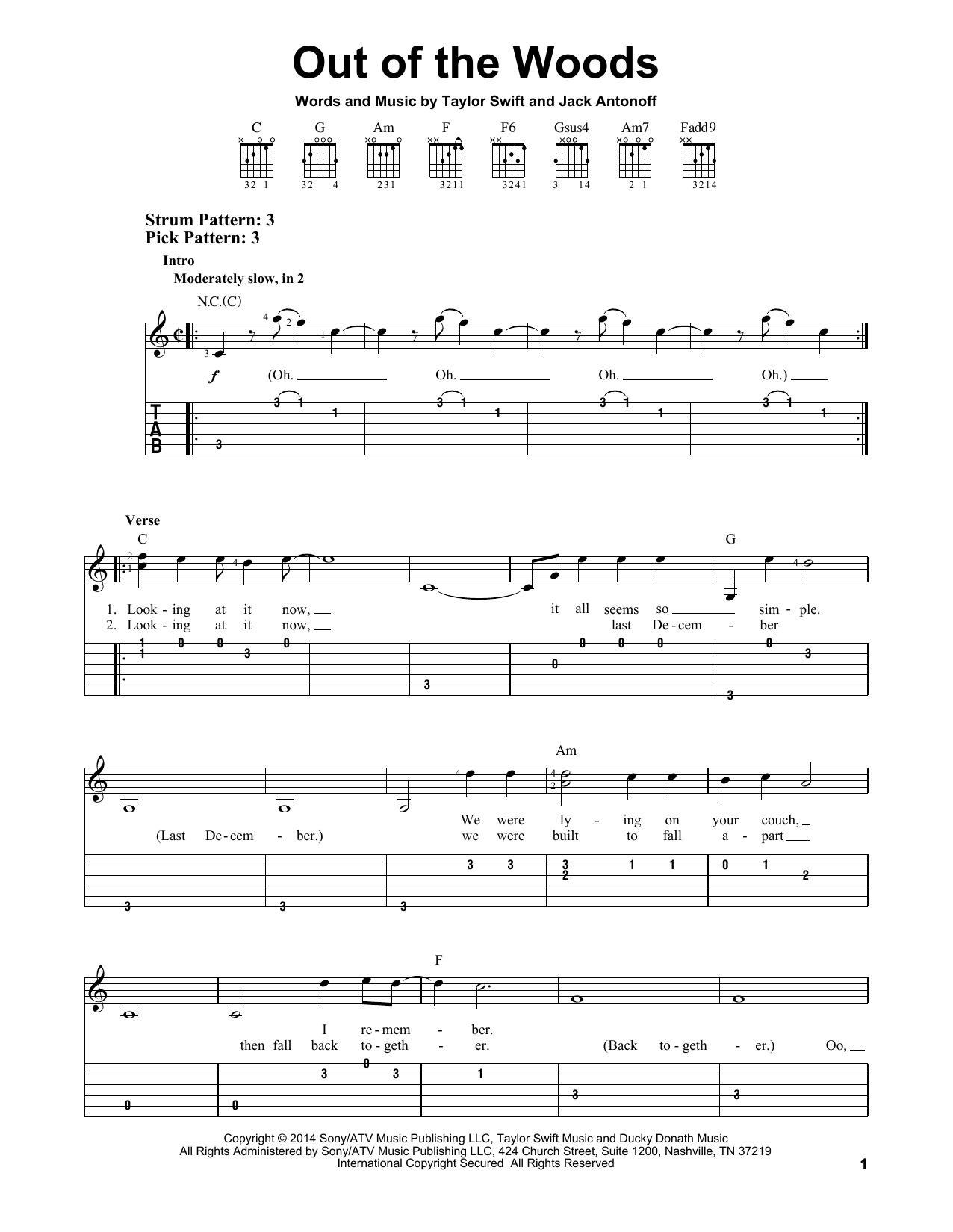 Taylor Swift Out Of The Woods sheet music notes and chords arranged for Ukulele