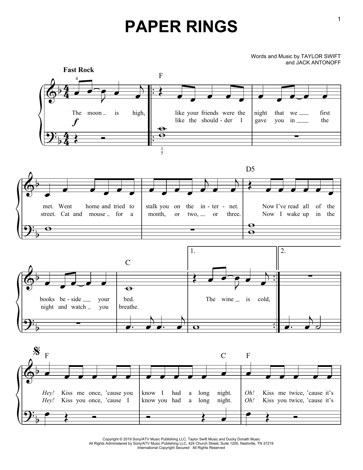 Taylor Swift Paper Rings sheet music notes and chords arranged for Easy Piano