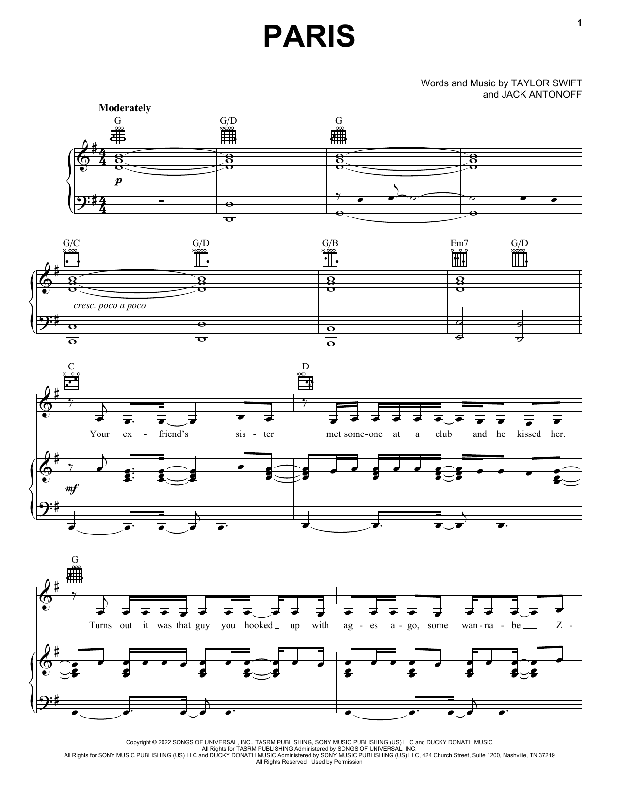 Taylor Swift Paris sheet music notes and chords arranged for Piano, Vocal & Guitar Chords (Right-Hand Melody)