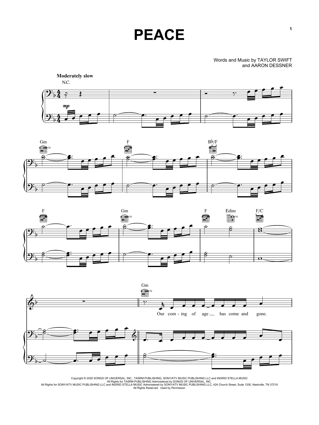 Taylor Swift peace sheet music notes and chords arranged for Piano, Vocal & Guitar Chords (Right-Hand Melody)