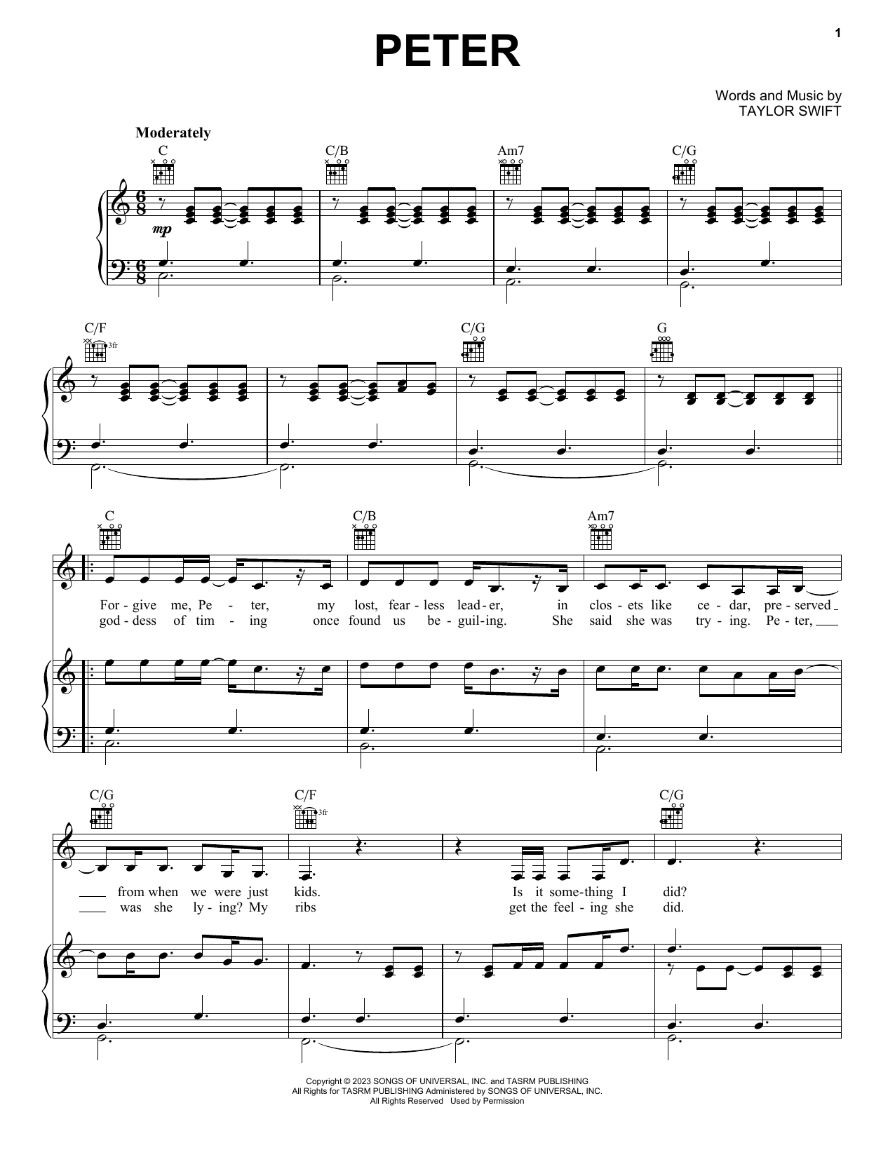 Taylor Swift Peter sheet music notes and chords arranged for Piano, Vocal & Guitar Chords (Right-Hand Melody)