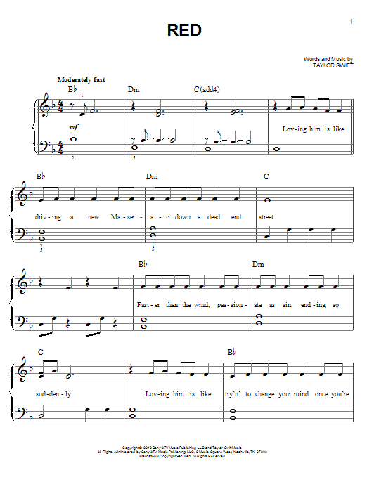 Taylor Swift Red sheet music notes and chords arranged for Beginner Piano