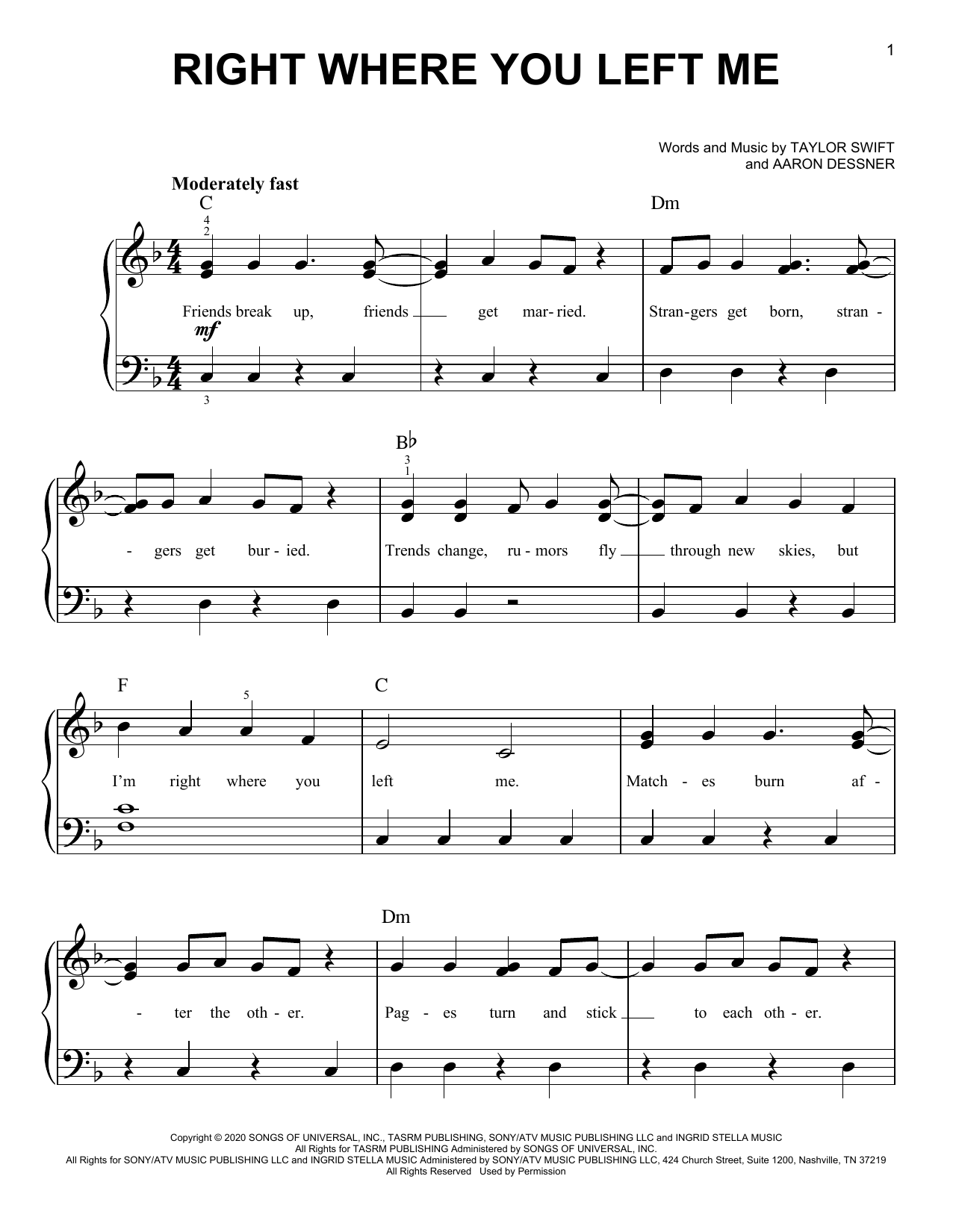 Taylor Swift right where you left me sheet music notes and chords arranged for Easy Piano