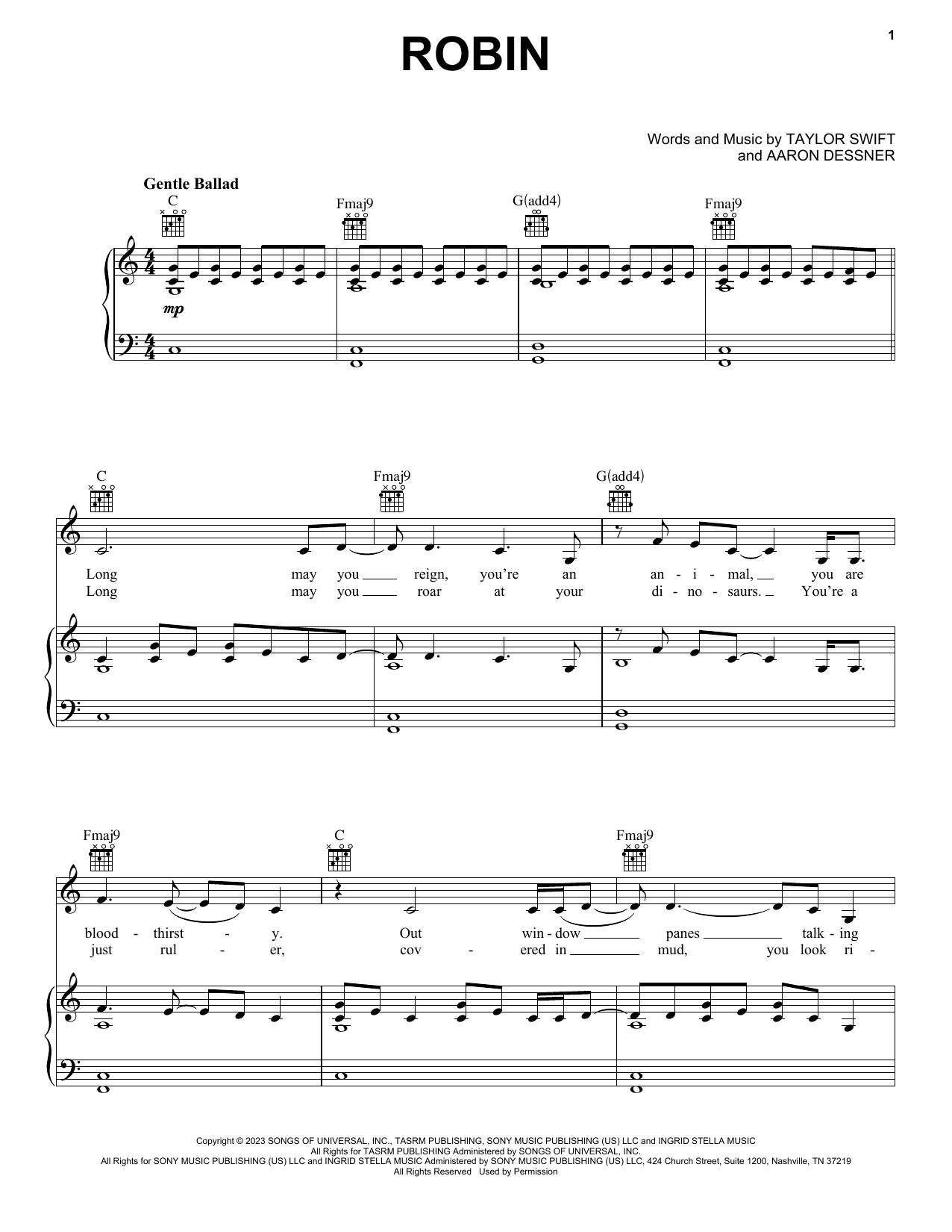 Taylor Swift Robin sheet music notes and chords arranged for Piano, Vocal & Guitar Chords (Right-Hand Melody)