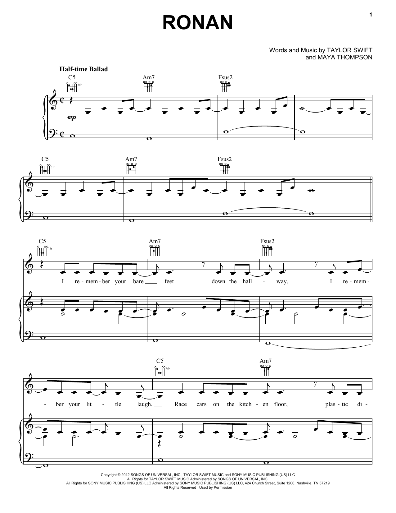 Taylor Swift Ronan (Taylor's Version) sheet music notes and chords arranged for Piano, Vocal & Guitar Chords (Right-Hand Melody)