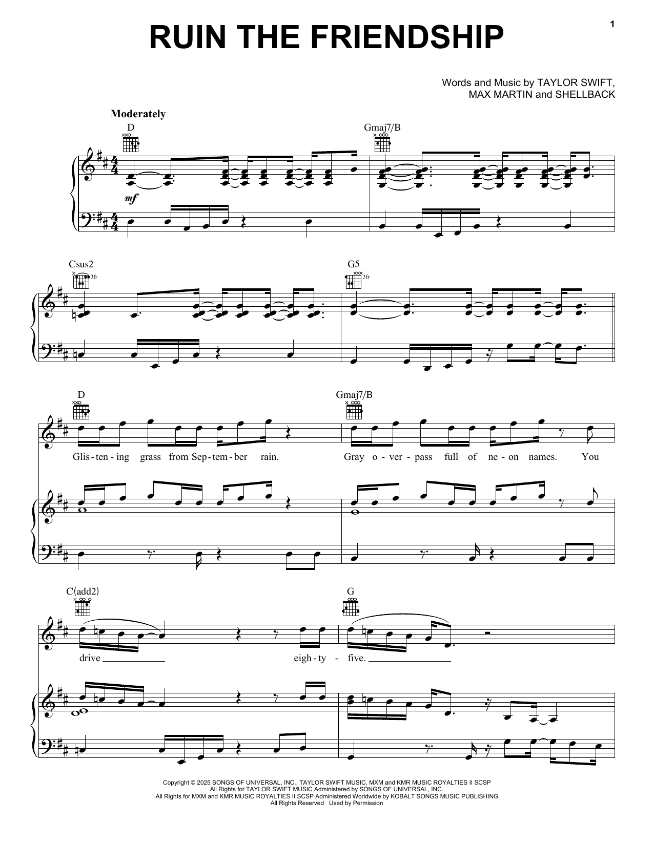 Taylor Swift Ruin The Friendship sheet music notes and chords arranged for Piano, Vocal & Guitar Chords (Right-Hand Melody)