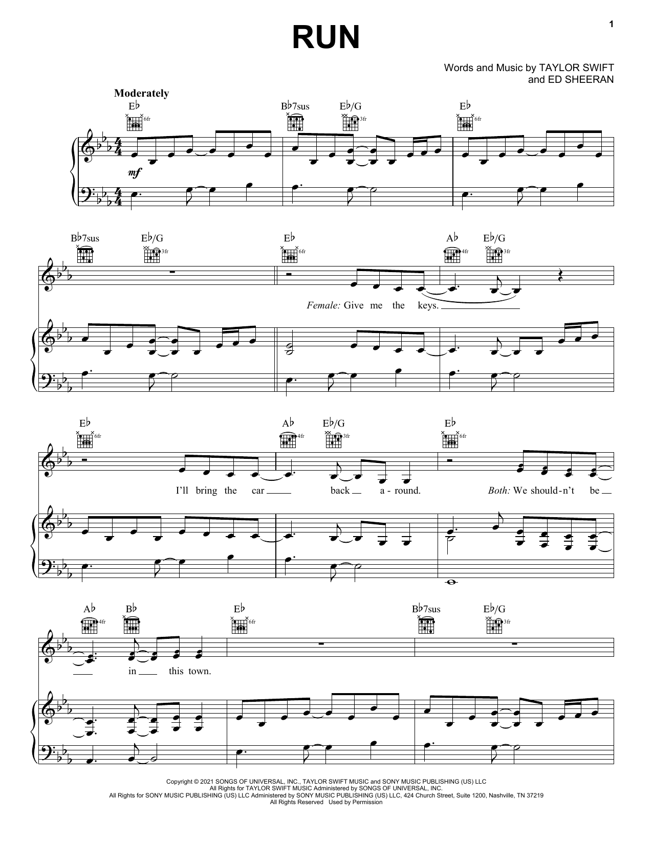 Taylor Swift Run (feat. Ed Sheeran) (Taylor's Version) (From The Vault) sheet music notes and chords arranged for Piano, Vocal & Guitar Chords (Right-Hand Melody)