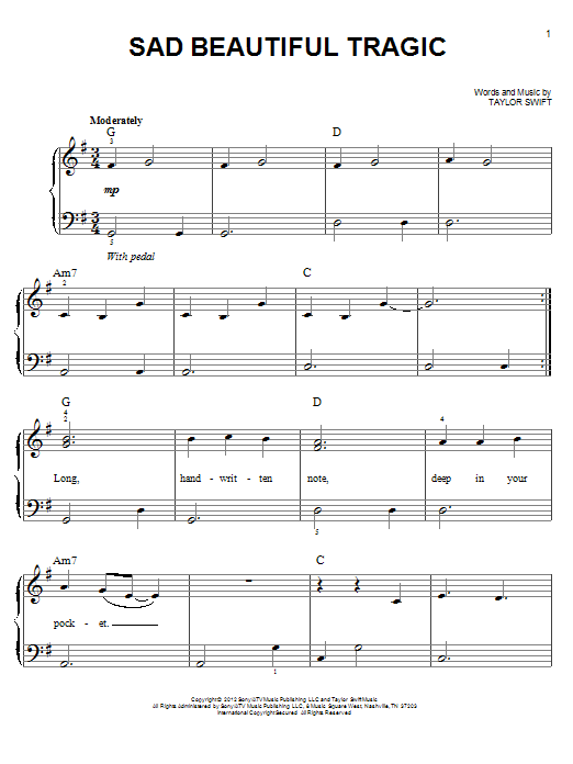 Taylor Swift Sad Beautiful Tragic sheet music notes and chords arranged for Piano, Vocal & Guitar Chords (Right-Hand Melody)