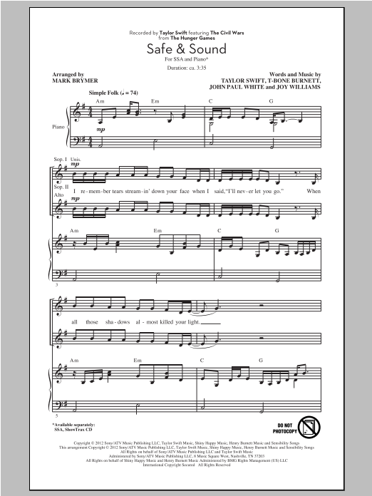 Taylor Swift Safe & Sound (feat. The Civil Wars) (from The Hunger Games) (arr. Mark Brymer) sheet music notes and chords arranged for SSA Choir