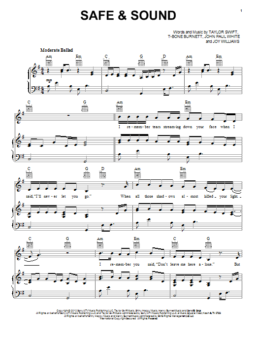 Taylor Swift Safe & Sound (feat. The Civil Wars) (from The Hunger Games) sheet music notes and chords arranged for Super Easy Piano