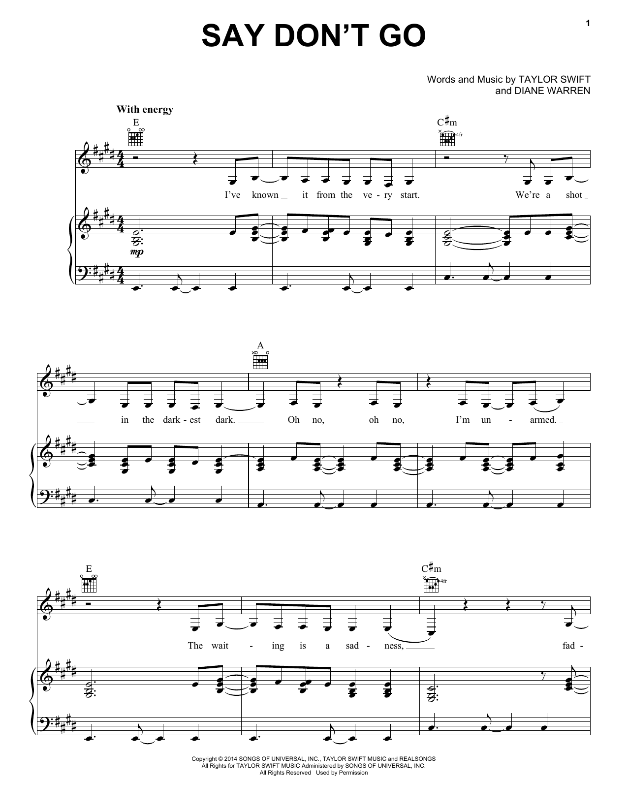 Taylor Swift Say Don't Go (Taylor's Version) (From The Vault) sheet music notes and chords arranged for Piano, Vocal & Guitar Chords (Right-Hand Melody)