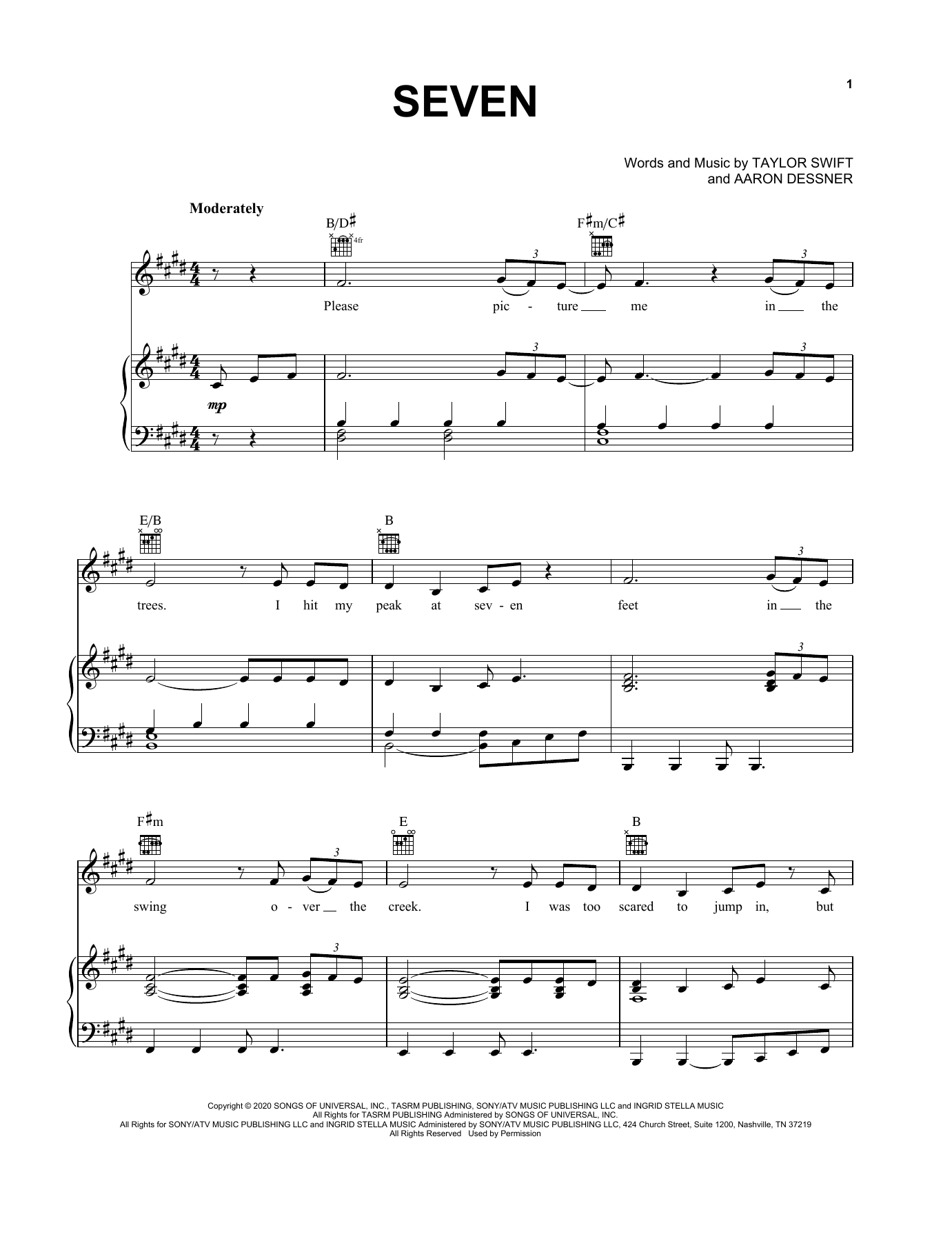 Taylor Swift seven sheet music notes and chords arranged for Easy Piano
