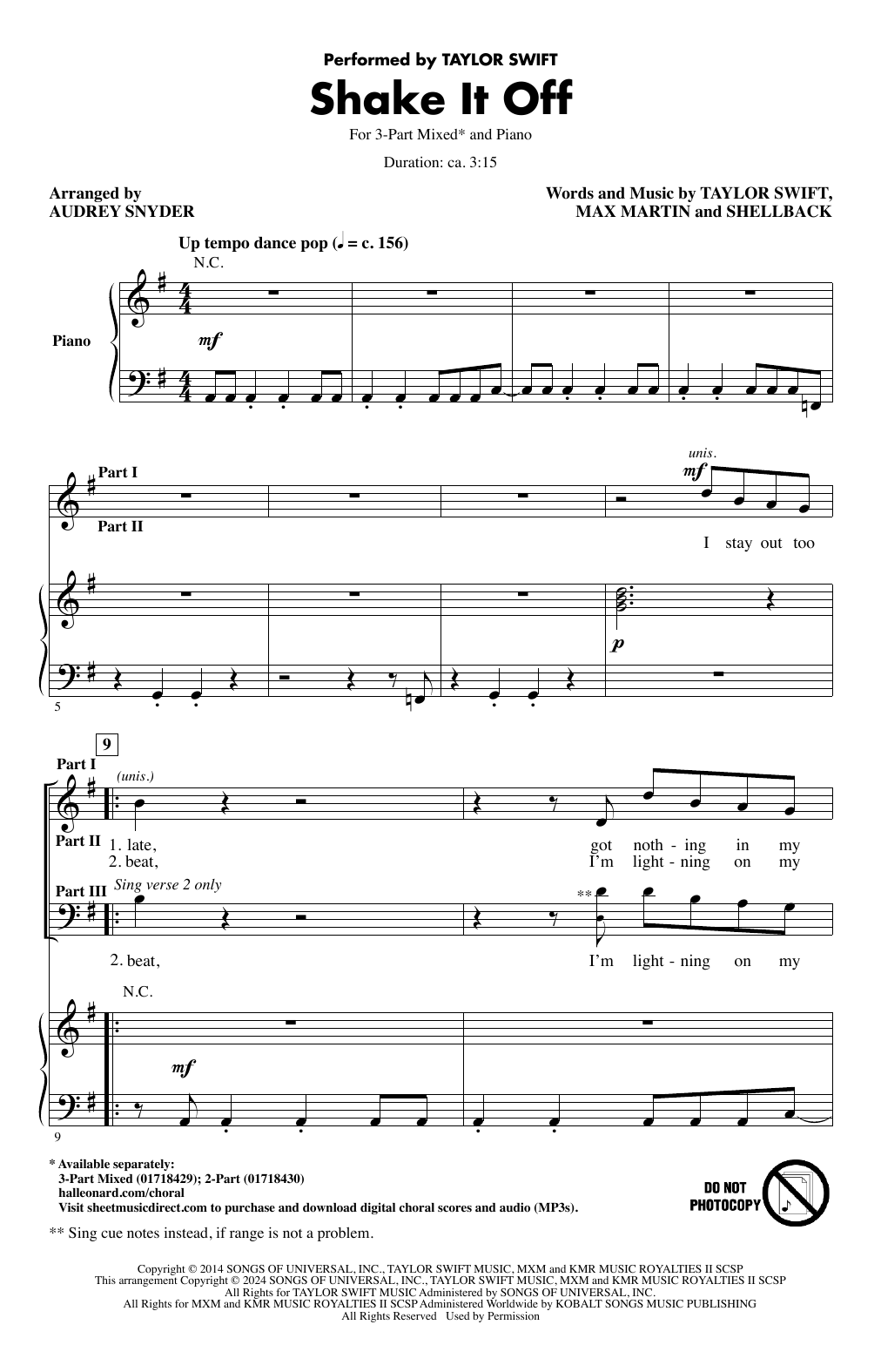 Taylor Swift Shake It Off (arr. Audrey Snyder) sheet music notes and chords arranged for 3-Part Mixed Choir