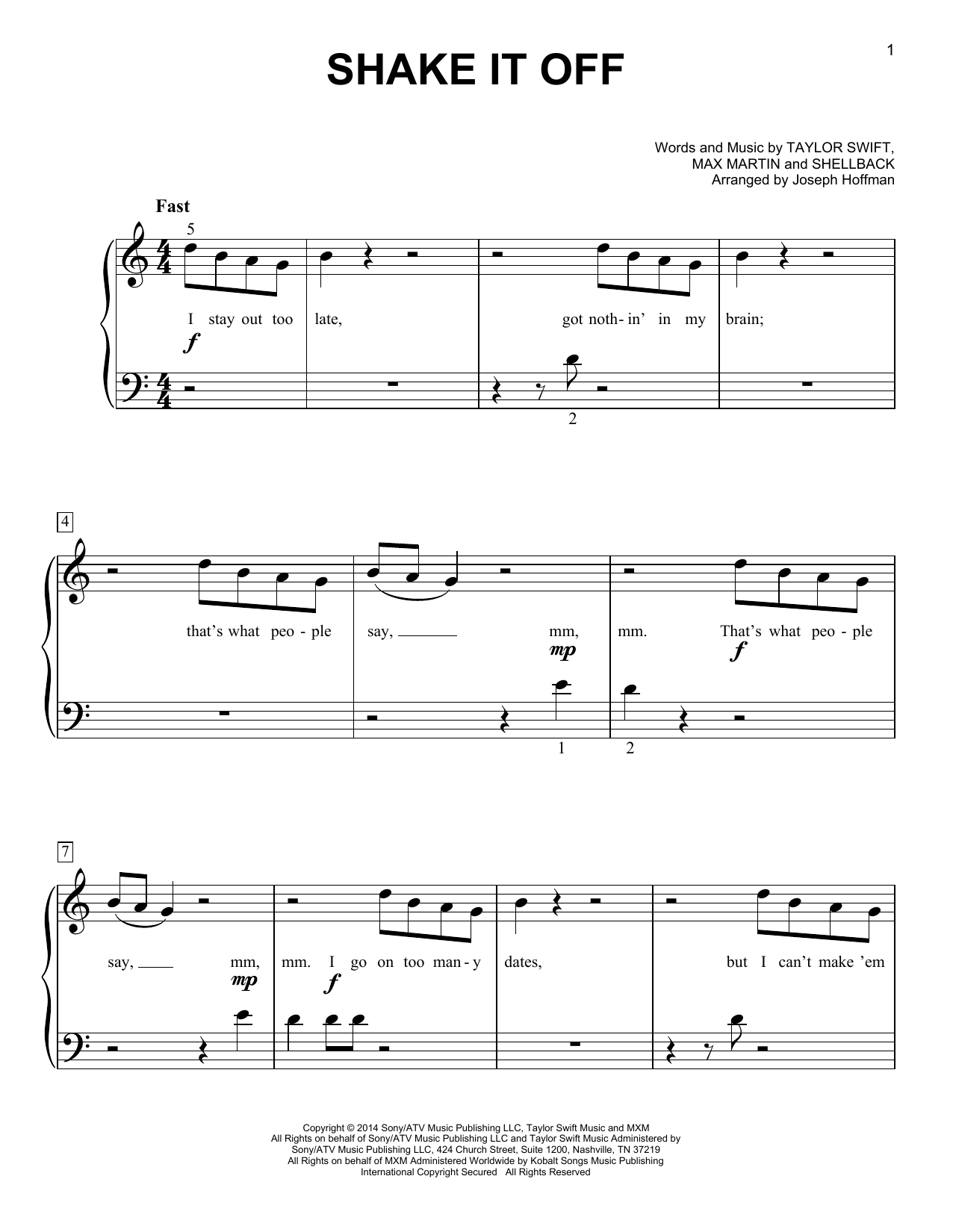 Taylor Swift Shake It Off (arr. Joseph Hoffman) sheet music notes and chords arranged for Easy Piano
