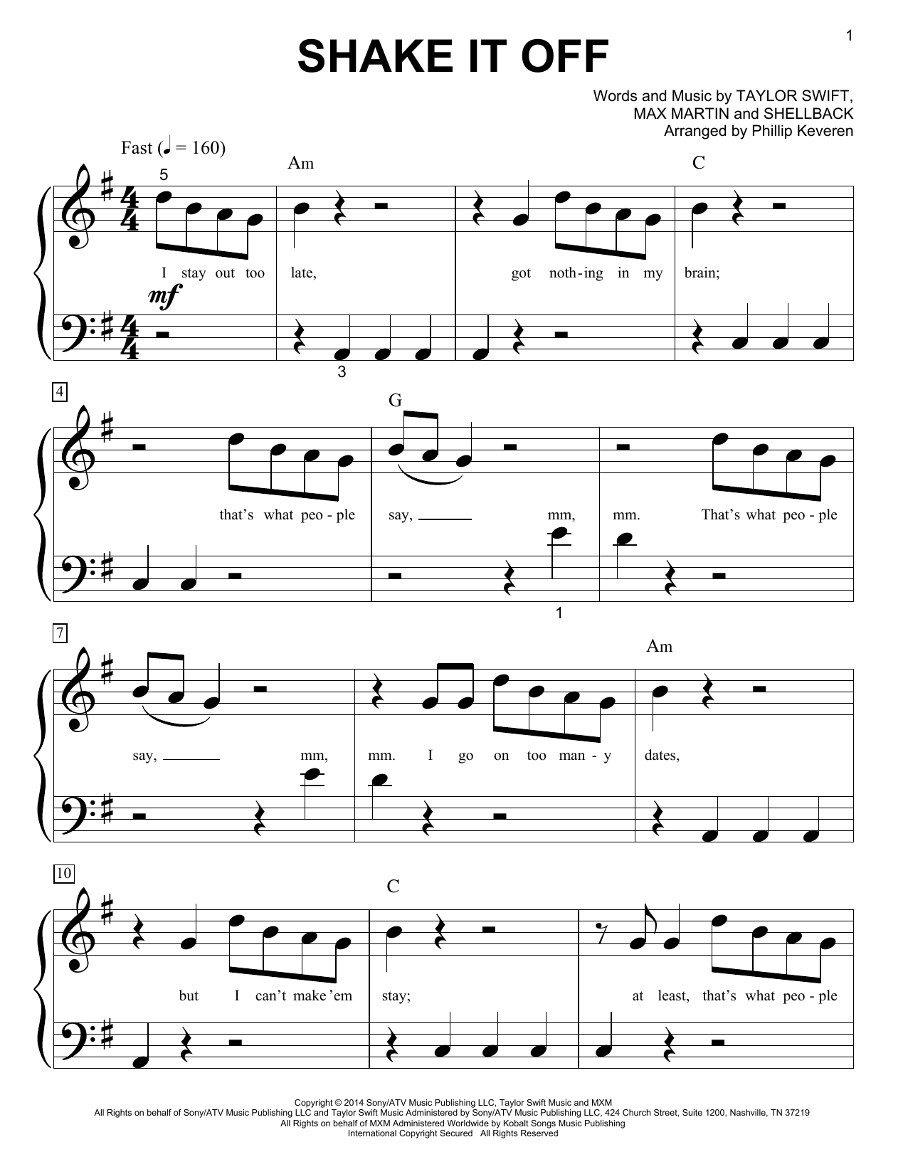 Taylor Swift Shake It Off (arr. Phillip Keveren) sheet music notes and chords arranged for Big Note Piano