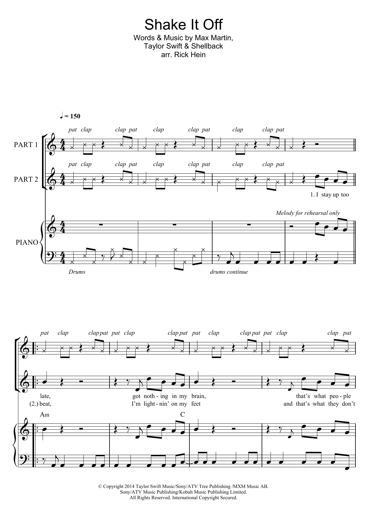 Taylor Swift Shake It Off (arr. Rick Hein) sheet music notes and chords arranged for 2-Part Choir