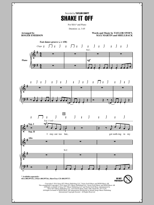 Roger Emerson Shake It Off sheet music notes and chords arranged for SSA Choir