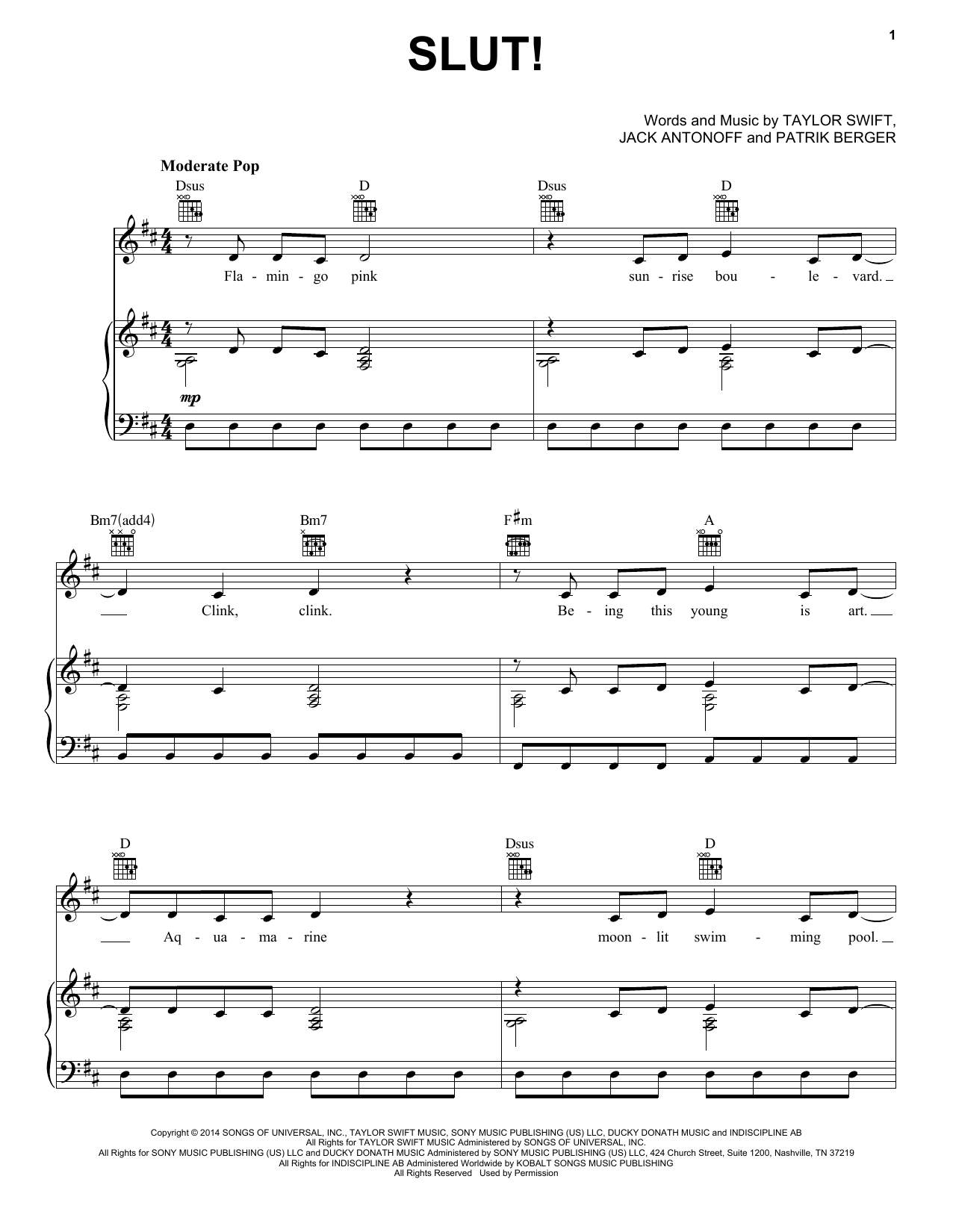 Taylor Swift Slut! (Taylor's Version) (From The Vault) sheet music notes and chords arranged for Piano, Vocal & Guitar Chords (Right-Hand Melody)