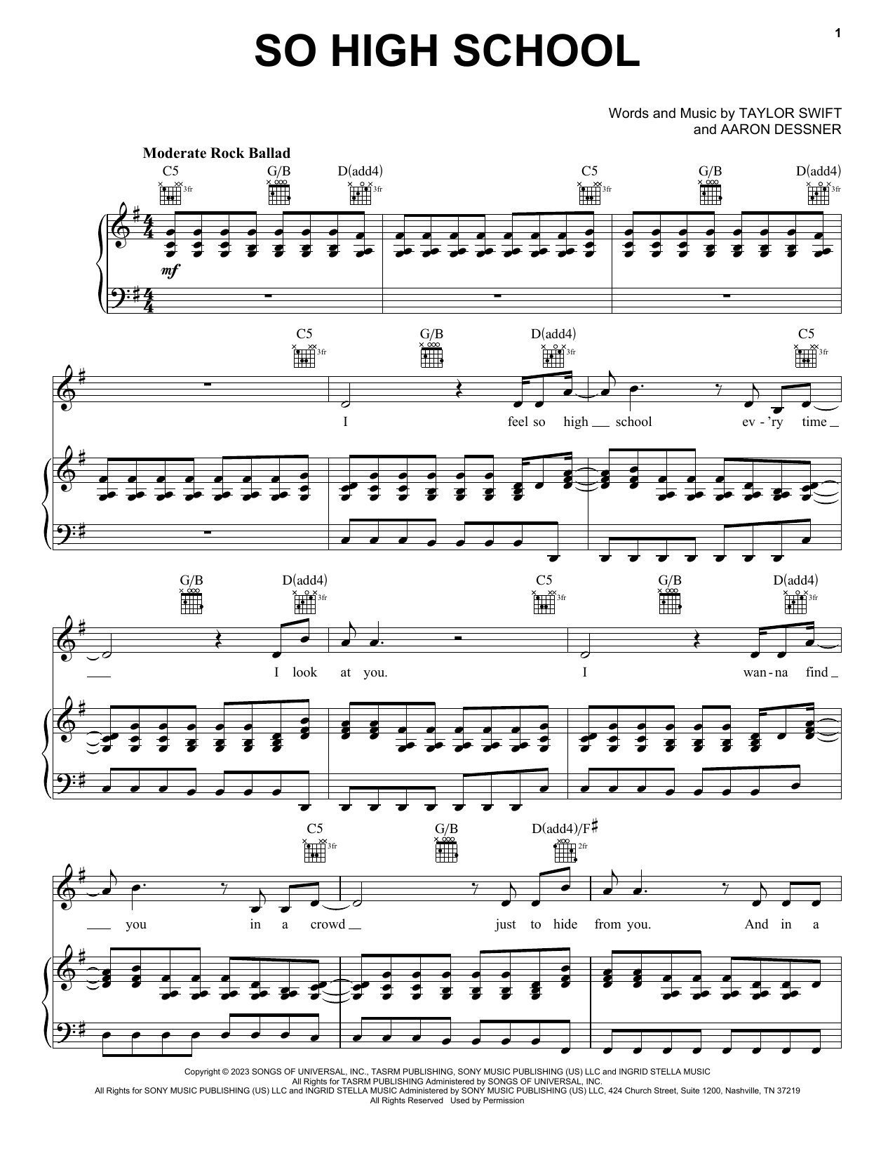 Taylor Swift So High School sheet music notes and chords arranged for Piano, Vocal & Guitar Chords (Right-Hand Melody)