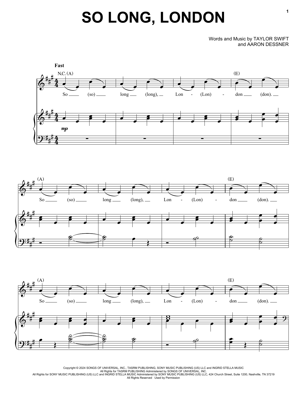 Taylor Swift So Long, London sheet music notes and chords arranged for Piano, Vocal & Guitar Chords (Right-Hand Melody)