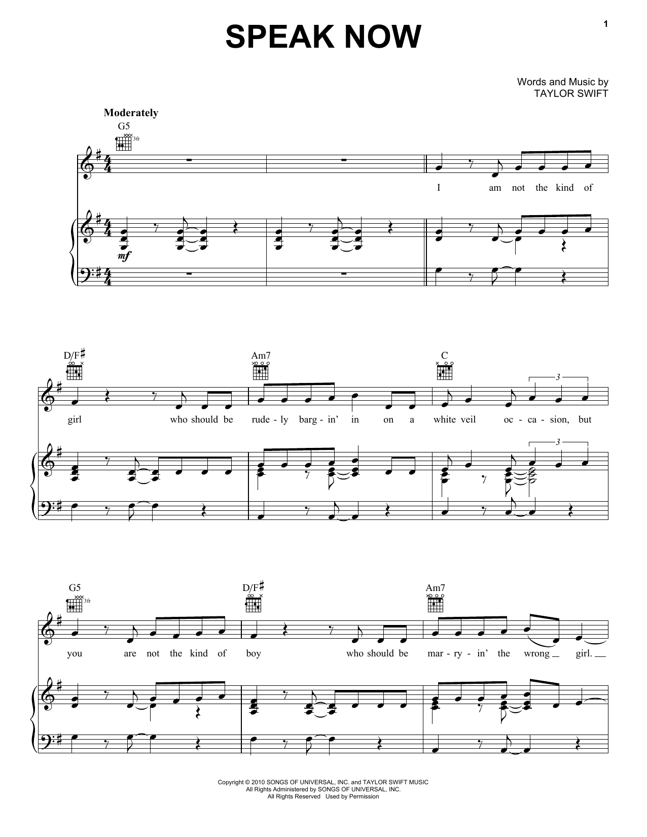 Taylor Swift Speak Now sheet music notes and chords arranged for Guitar Tab
