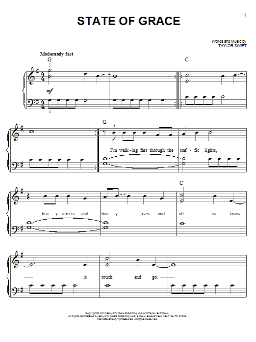 Taylor Swift State Of Grace sheet music notes and chords arranged for Piano, Vocal & Guitar Chords (Right-Hand Melody)