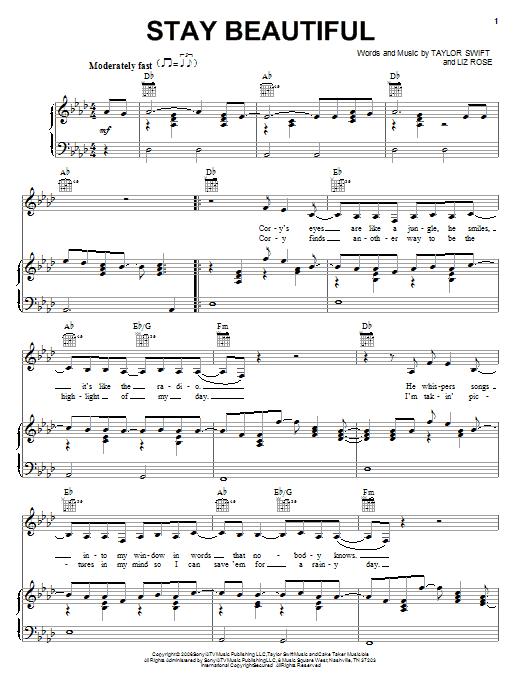 Taylor Swift Stay Beautiful sheet music notes and chords arranged for Piano, Vocal & Guitar Chords (Right-Hand Melody)
