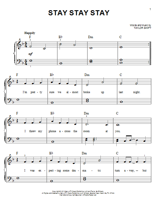 Taylor Swift Stay Stay Stay sheet music notes and chords arranged for Piano, Vocal & Guitar Chords (Right-Hand Melody)