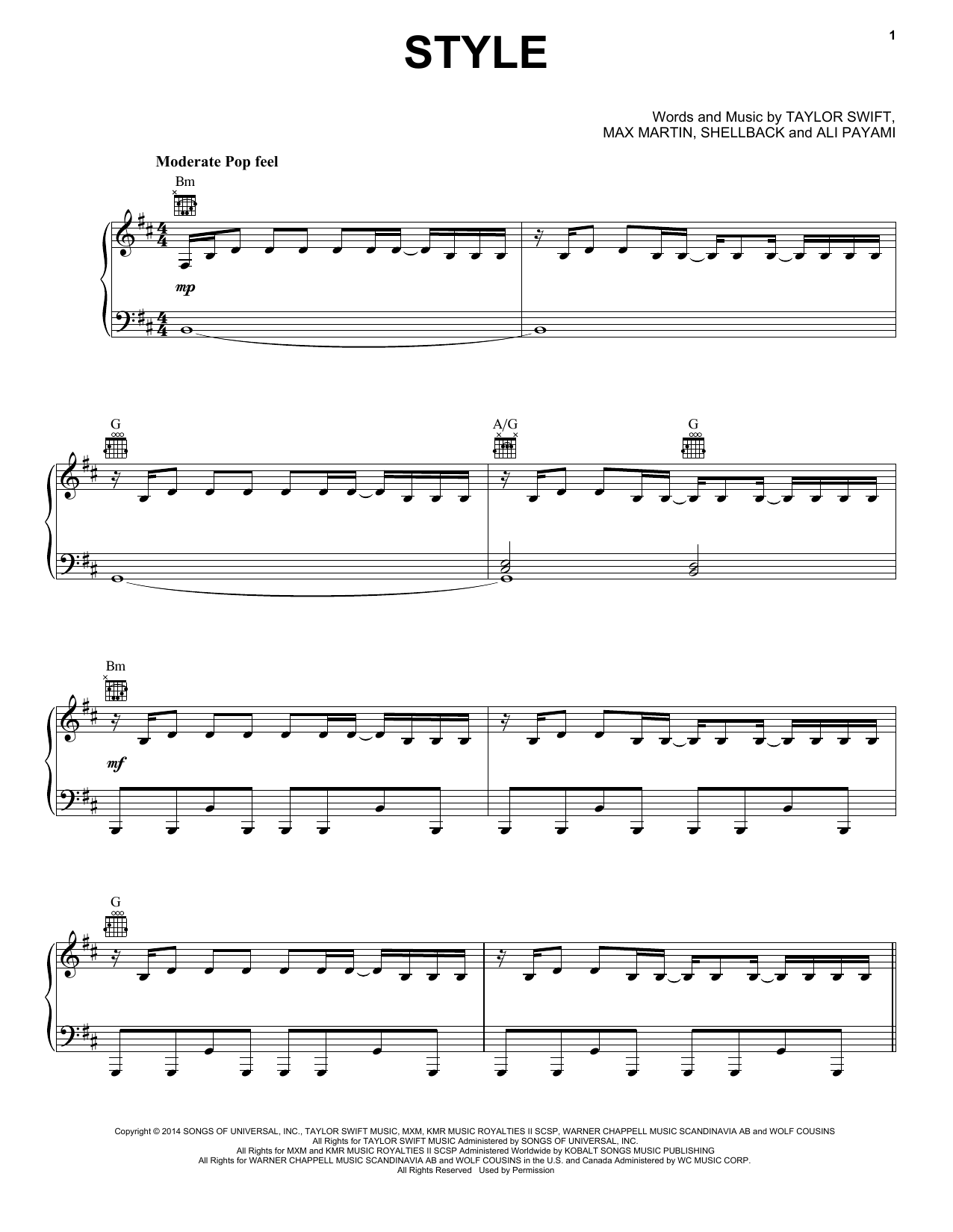 Taylor Swift Style sheet music notes and chords arranged for Big Note Piano