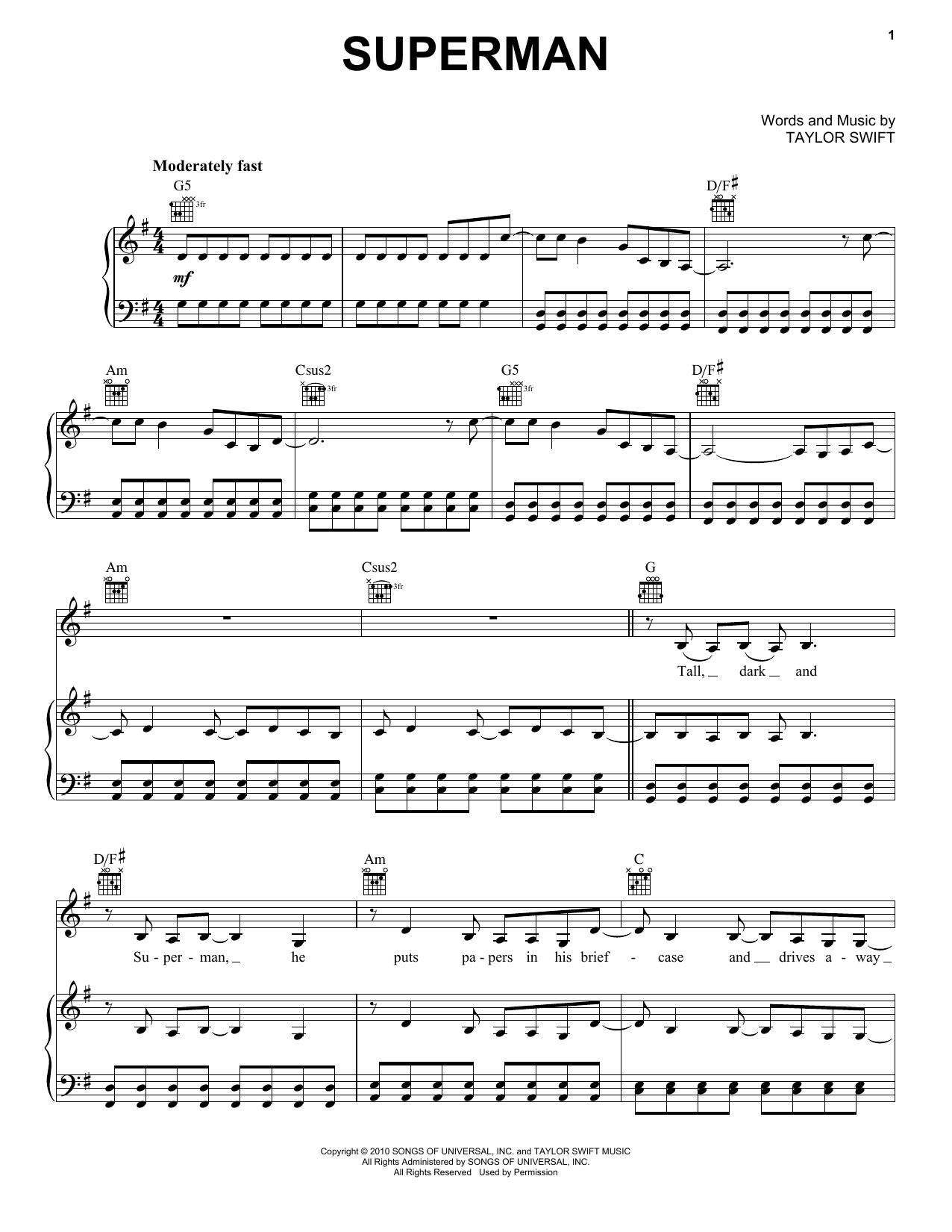 Taylor Swift Superman (Taylor's Version) sheet music notes and chords arranged for Piano, Vocal & Guitar Chords (Right-Hand Melody)