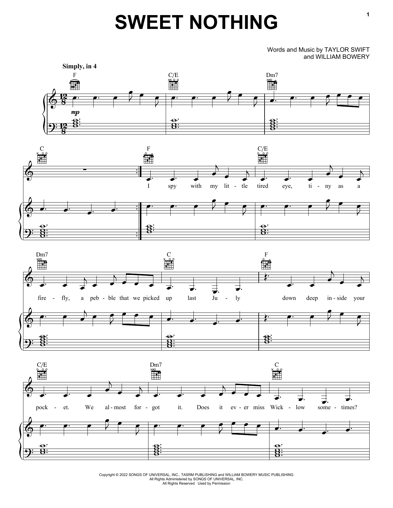 Taylor Swift Sweet Nothing sheet music notes and chords arranged for Piano, Vocal & Guitar Chords (Right-Hand Melody)