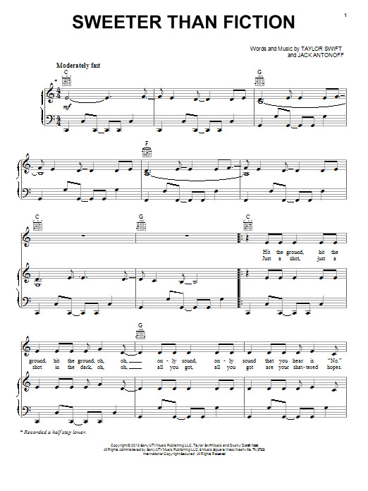 Taylor Swift Sweeter Than Fiction sheet music notes and chords arranged for Piano, Vocal & Guitar Chords (Right-Hand Melody)