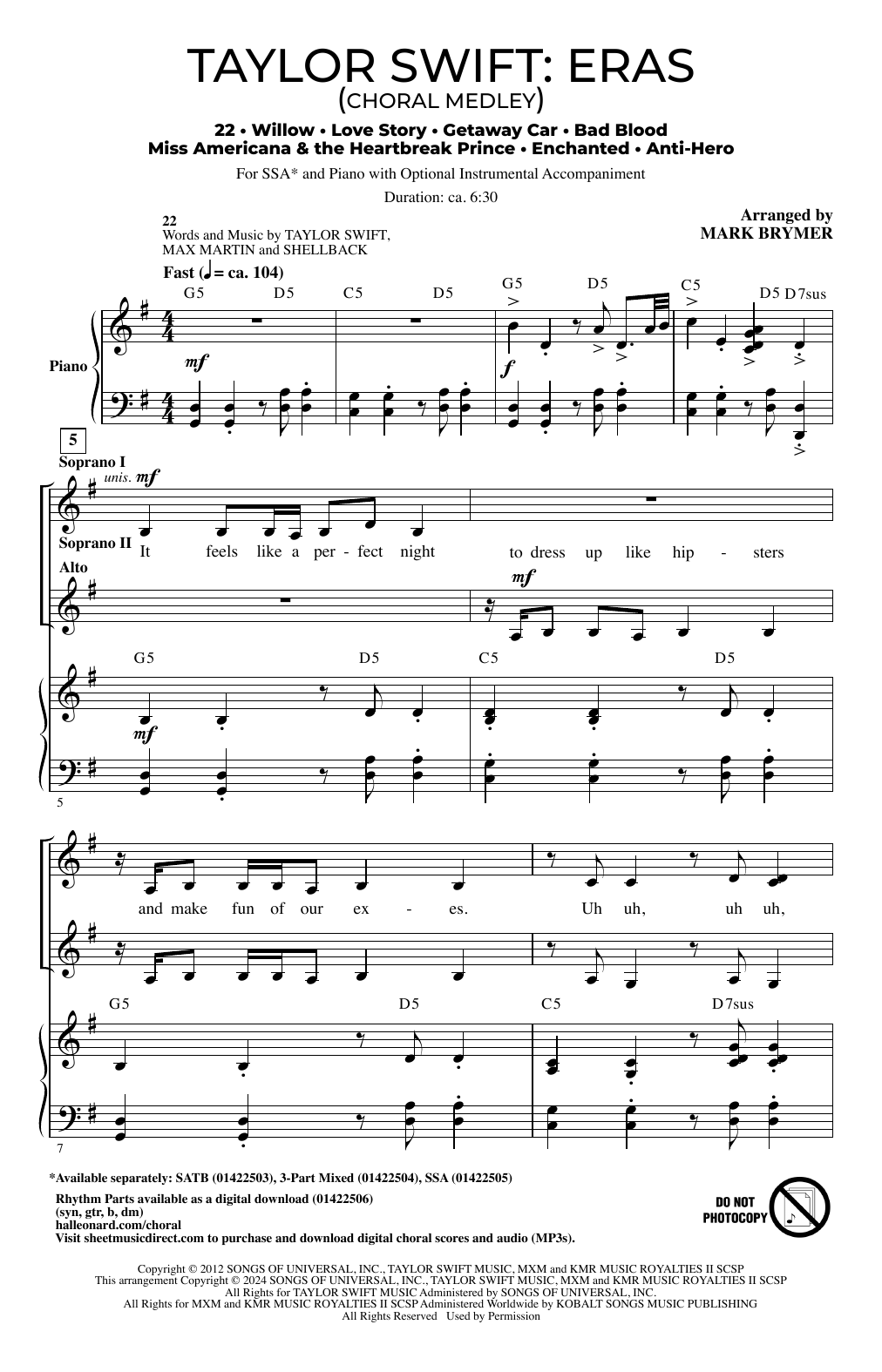 Taylor Swift Taylor Swift: Eras (Choral Medley) (arr. Mark Brymer) sheet music notes and chords arranged for SSA Choir