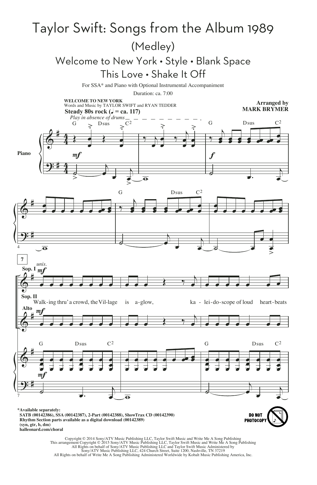 Taylor Swift Taylor Swift: Songs from the Album 1989 (Medley) (arr. Mark Brymer) sheet music notes and chords arranged for SSA Choir