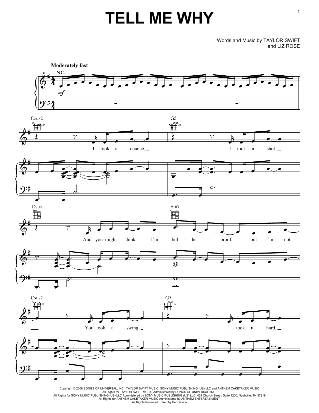 Taylor Swift Tell Me Why sheet music notes and chords arranged for Piano, Vocal & Guitar Chords