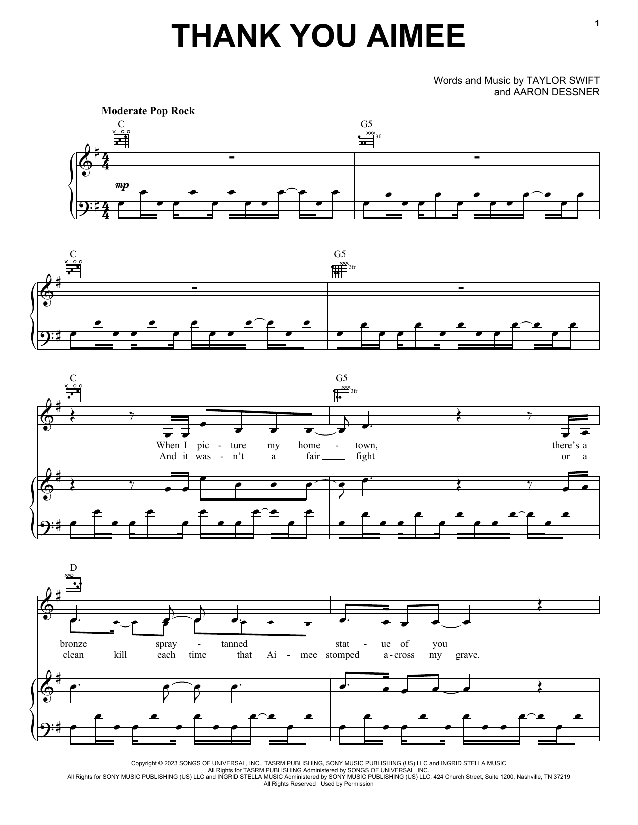 Taylor Swift thanK you aIMee sheet music notes and chords arranged for Piano, Vocal & Guitar Chords (Right-Hand Melody)