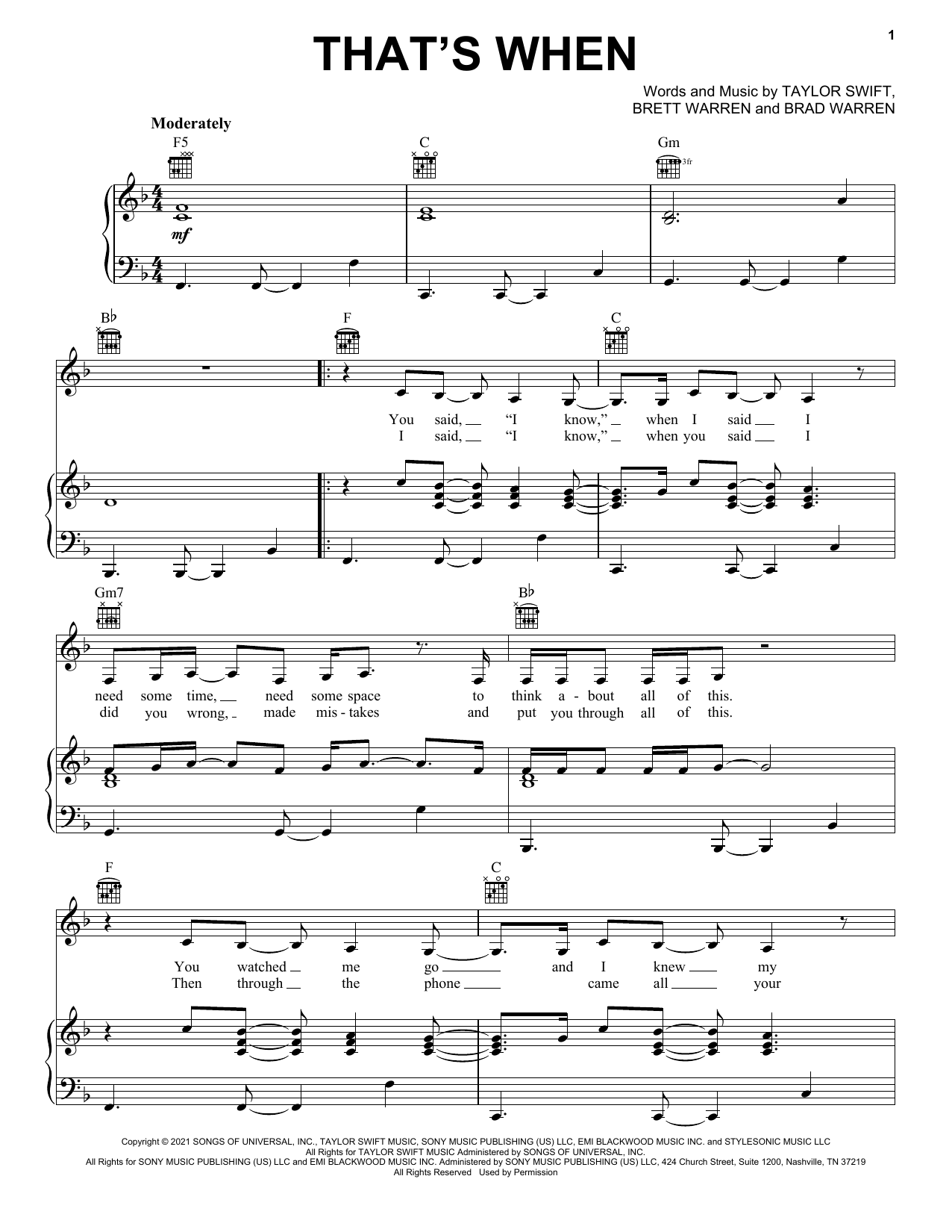 Taylor Swift That's When (feat. Keith Urban) (Taylor's Version) (From The Vault) sheet music notes and chords arranged for Piano, Vocal & Guitar Chords (Right-Hand Melody)