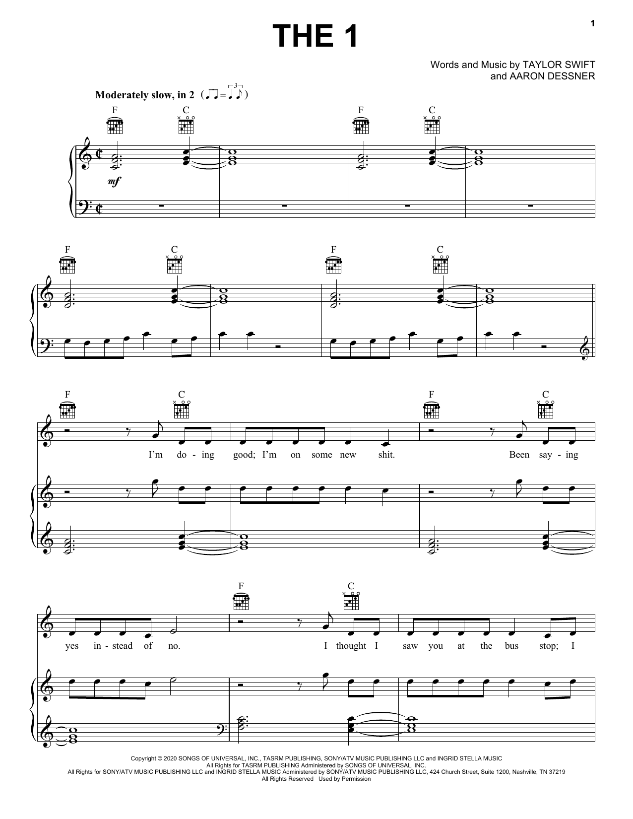 Taylor Swift the 1 sheet music notes and chords arranged for Alto Sax Solo