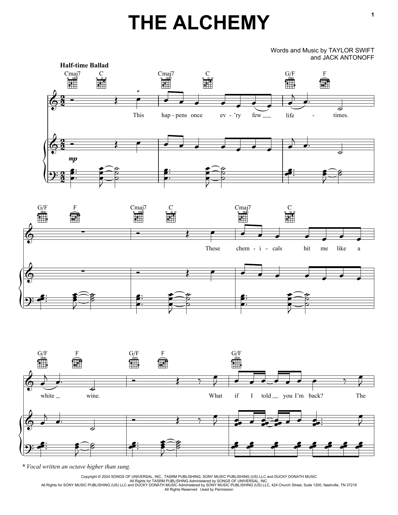 Taylor Swift The Alchemy sheet music notes and chords arranged for Piano, Vocal & Guitar Chords (Right-Hand Melody)