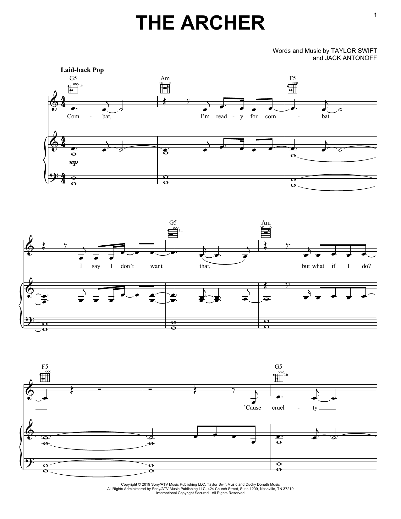 Taylor Swift The Archer sheet music notes and chords arranged for Piano, Vocal & Guitar Chords (Right-Hand Melody)