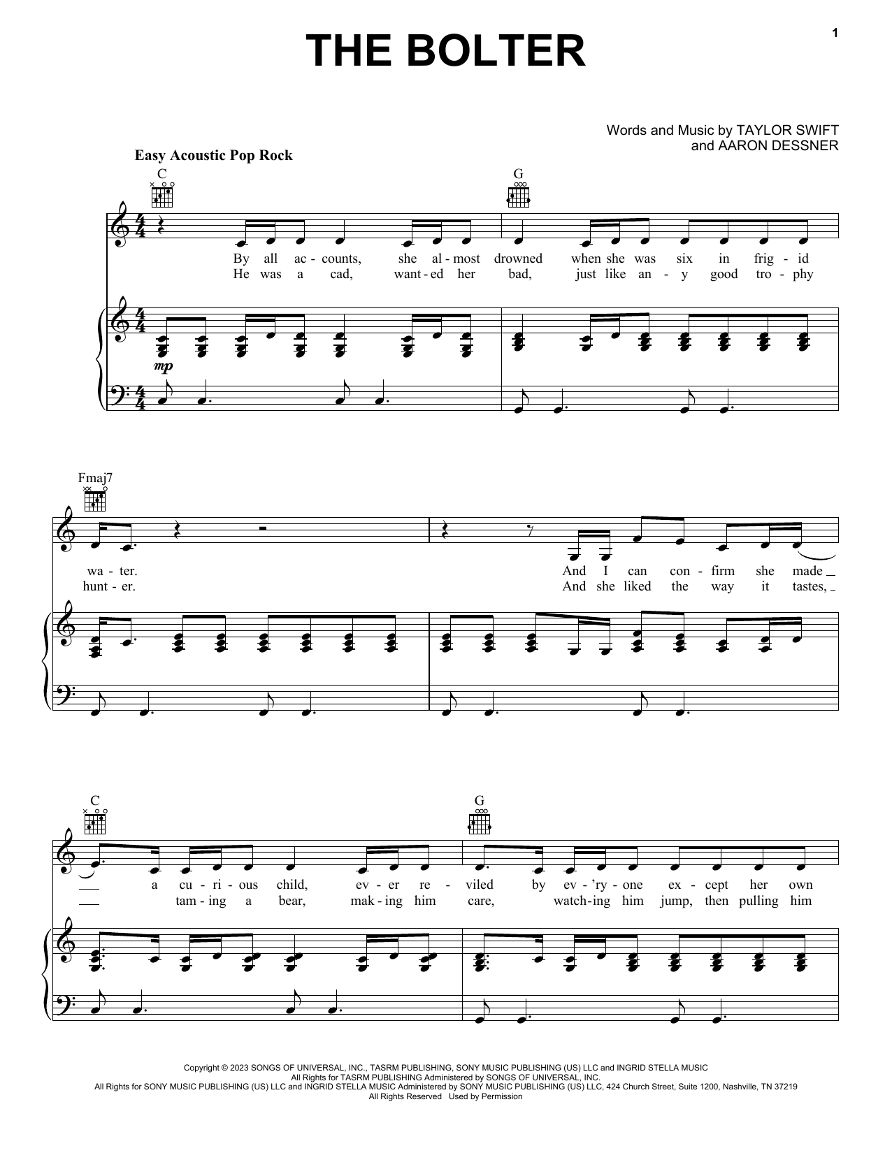 Taylor Swift The Bolter sheet music notes and chords arranged for Easy Piano