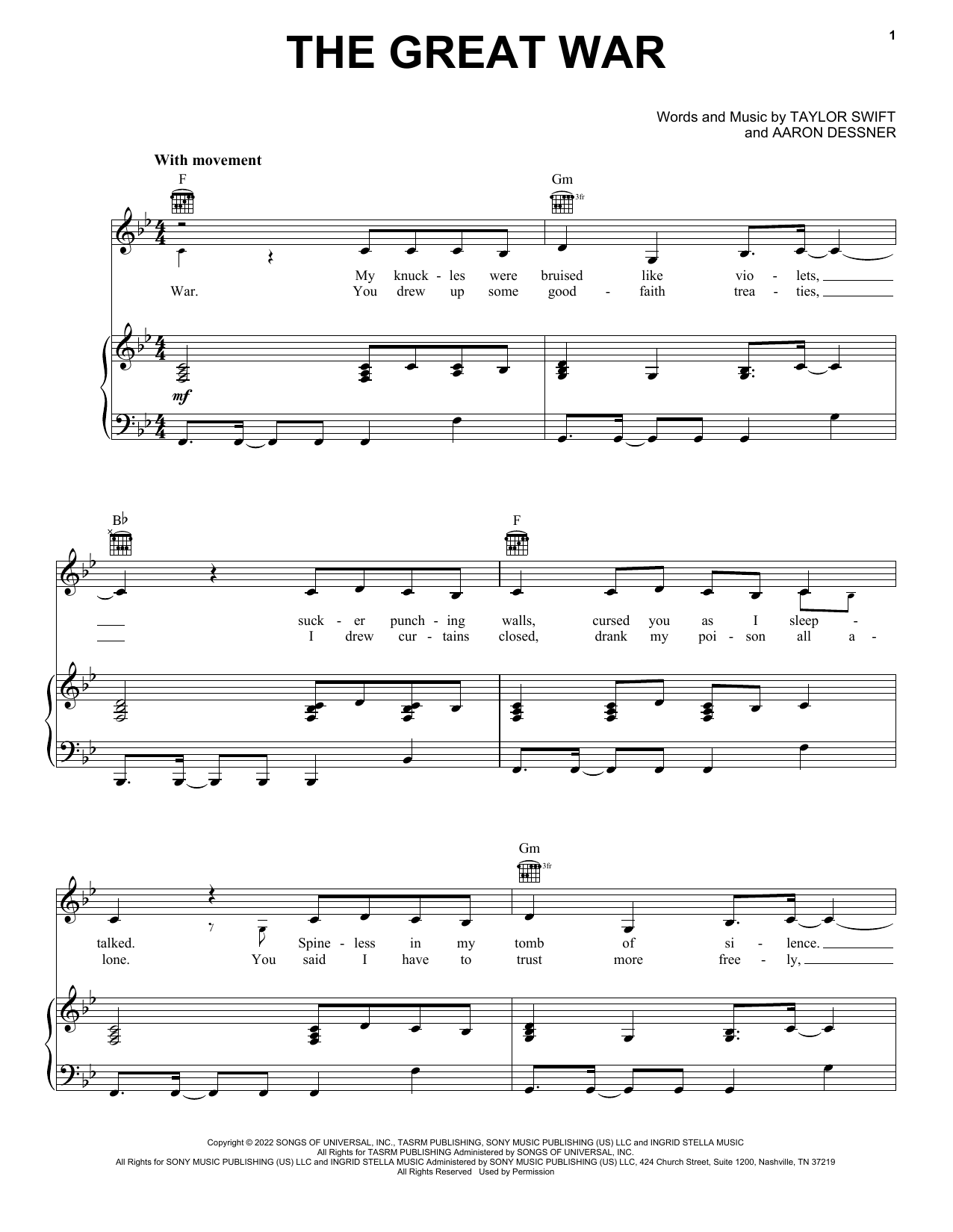 Taylor Swift The Great War sheet music notes and chords arranged for Piano, Vocal & Guitar Chords (Right-Hand Melody)
