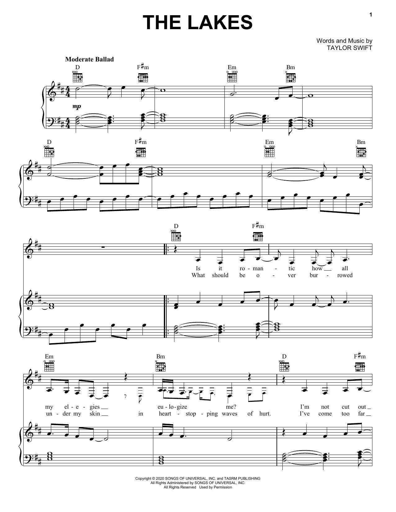 Taylor Swift the lakes sheet music notes and chords arranged for Piano, Vocal & Guitar Chords (Right-Hand Melody)