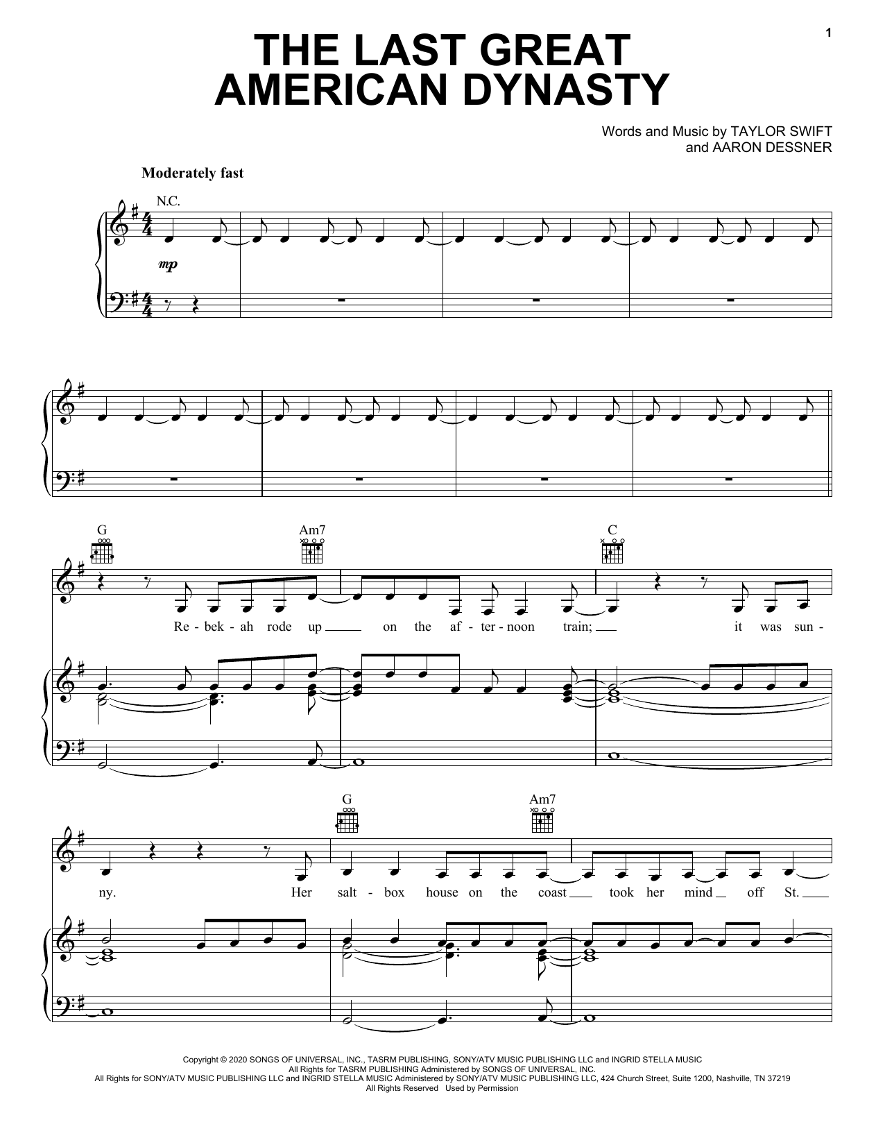 Taylor Swift the last great american dynasty sheet music notes and chords arranged for Easy Piano