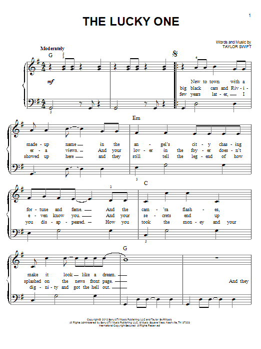 Taylor Swift The Lucky One sheet music notes and chords arranged for Piano, Vocal & Guitar Chords (Right-Hand Melody)