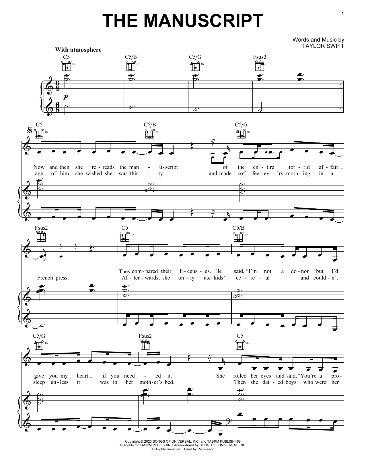 Taylor Swift The Manuscript sheet music notes and chords arranged for Piano, Vocal & Guitar Chords (Right-Hand Melody)