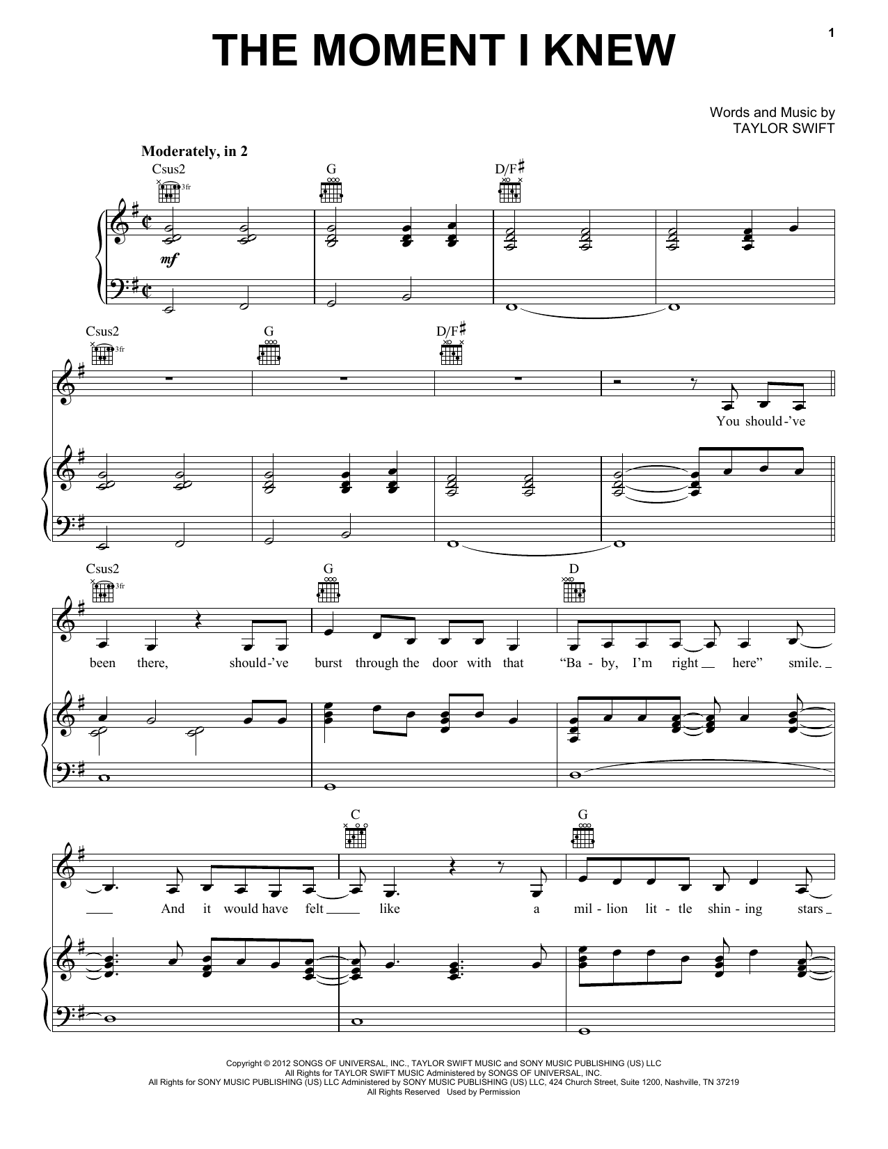 Taylor Swift The Moment I Knew (Taylor's Version) sheet music notes and chords arranged for Piano, Vocal & Guitar Chords (Right-Hand Melody)