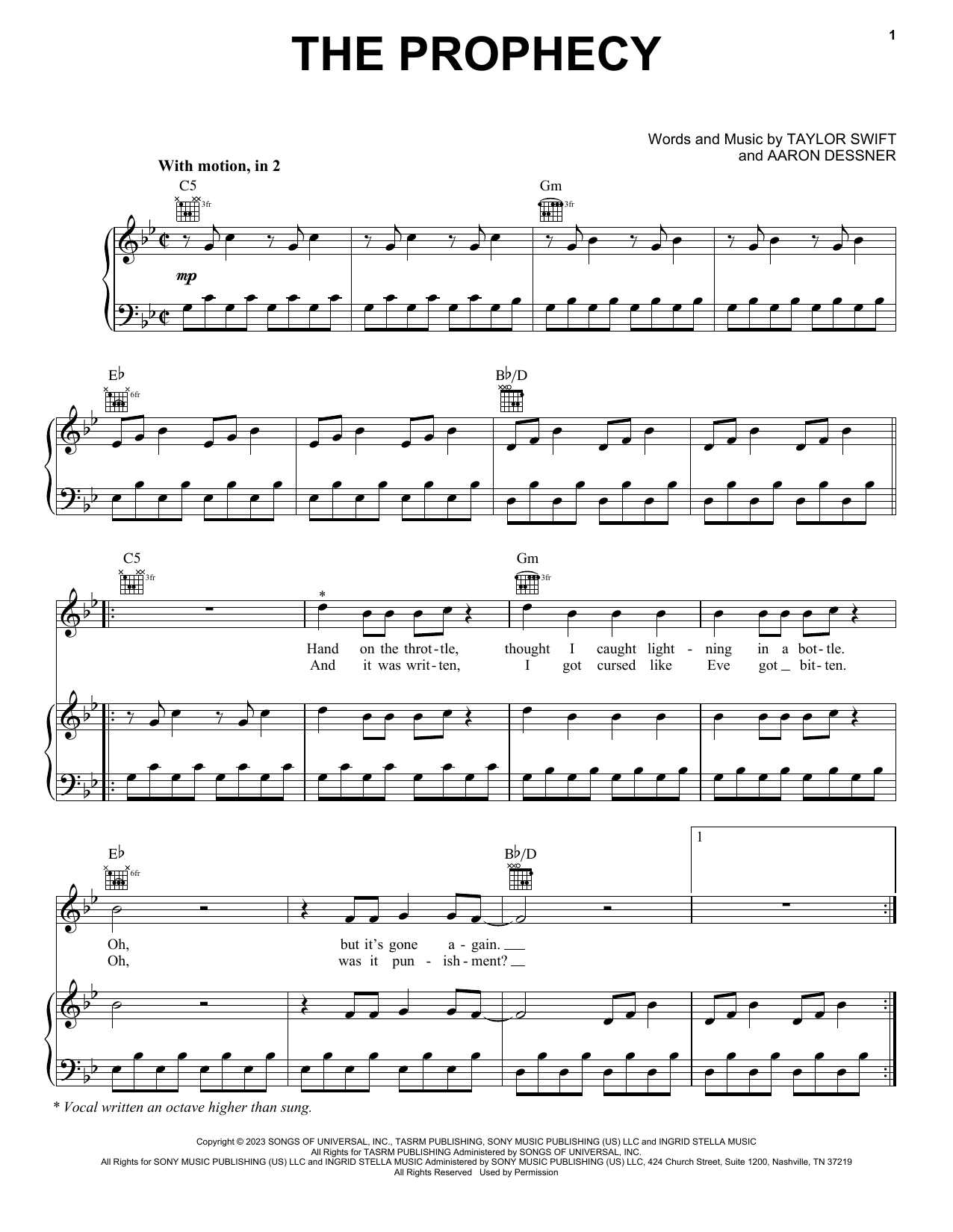 Taylor Swift The Prophecy sheet music notes and chords arranged for Piano, Vocal & Guitar Chords (Right-Hand Melody)