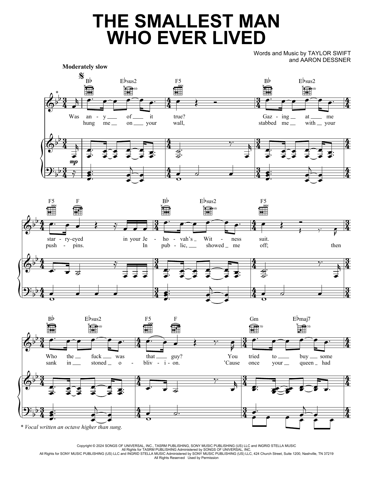 Taylor Swift The Smallest Man Who Ever Lived sheet music notes and chords arranged for Easy Piano