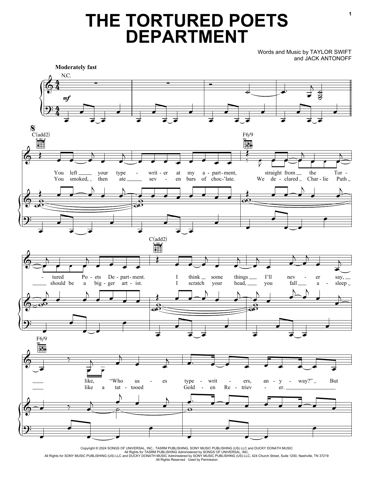 Taylor Swift 'The Tortured Poets Department' Sheet Music for Piano